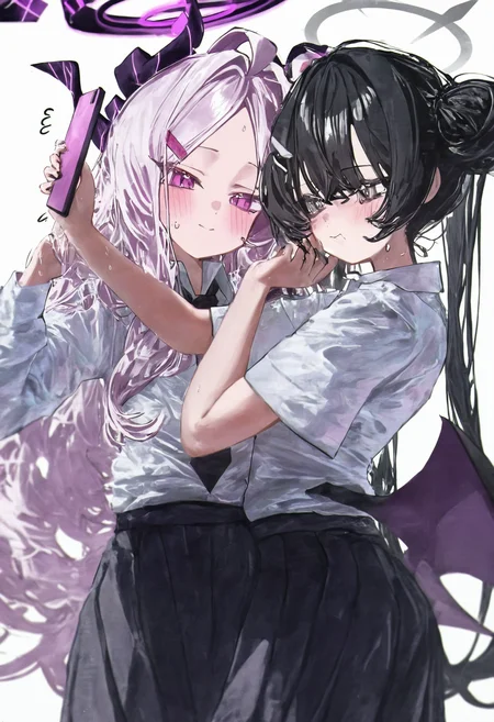 omo-anon ,hina \(blue archive\), long hair, blush, smile, simple background, shirt, skirt, multiple girls, black hair, long sleeves, hair ornament, white background, holding, closed mouth, 2girls, very long hair, twintails, school uniform, white shirt, white hair, grey hair, ahoge, short sleeves, pleated skirt, horns, wings, necktie, alternate costume, collared shirt, hairclip, black skirt, pink eyes, hair bun, halo, grey eyes, double bun, phone, flying sweatdrops, cellphone, demon horns, smartphone, holding phone, demon wings, selfie, black horns, multiple horns, black halo, grey halo,,masterpiece,best quality,newest,absurdres,highres,very awa <lora:None:1.0> <lora:Anon_Style2-000009:0.9500000000000002>