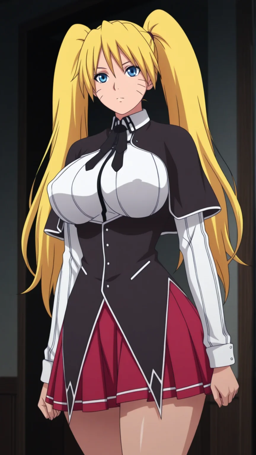 anime coloring, highres, anime screenshot, dramatic lighting, intricate details, masterpiece, best quality, absurdres, depth, <lora:DxD_Outfit-30:0.9> (Kuoh_Outfit:1.1), red skirt, pleated skirt, capelet, black capelet, corset, black corset, white shirt, long sleeves, 1girl, large breasts, covered nipples, big hips, curvy hips, thick thighs, <lora:Naruko_XL:1> Naruko_XL, facial mark, whisker markings, twin tails, hair between eyes,