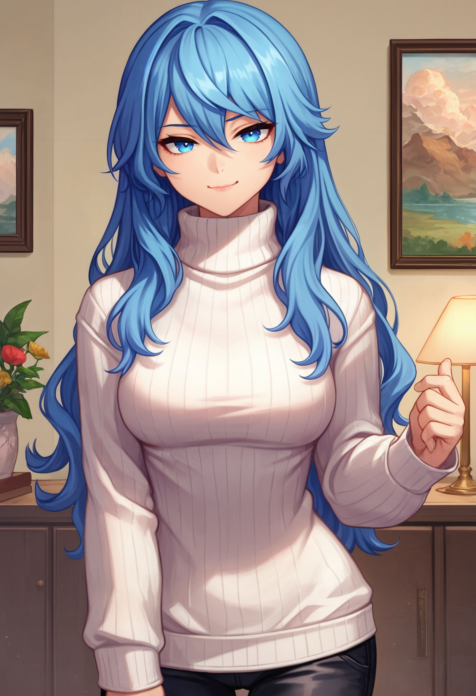 zPDXL, source_anime, BREAK
liselotte, blue hair, sidelocks, blue eyes,
closed mouth, naughty face,
black pants, white sweater, turtleneck sweater, 
cowboy shot, standing,
indoors   <lora:liselotte-cretia-pdxl2-005:0.6>