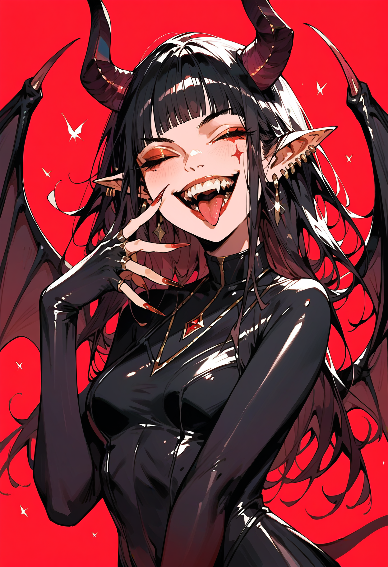 score_9, score_8_up, score_7_up score_9, score_8_up, score_7_up, score_6_up, score_5_up, score_4_up,
 <lora:GothGirlAestheticV5-000015:1> g0th,
1girl, horns, solo, tongue, wings, pointy ears, black hair, earrings, jewelry, tongue out, fangs, long hair, open mouth, breasts, demon girl, one eye closed, demon horns, looking at viewer, demon wings, blunt bangs, sharp fingernails, bodysuit, red background, fingernails, smile, teeth, long fingernails