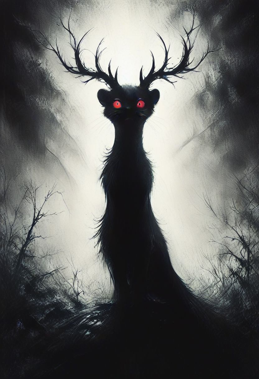score_9, score_8_up, score_8, solo, (fluffy:0.8), (feral), furry, (((weasel))), female, (fluffy cheeks:0.7), (white dress), white fur, red eyes, look at viewer, (solo:2), j_cartoon, low angle view, aesthetic, dramatic angle, unique perspective, unique angle, night, dark,  (antlers), staff, (cruel expression), CharcoalDarkStyle, (arms out to the side:1.5),