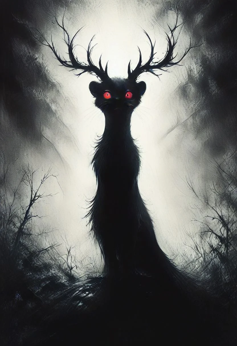 score_9, score_8_up, score_8, solo, (fluffy:0.8), (feral), furry, (((weasel))), female, (fluffy cheeks:0.7), (white dress), white fur, red eyes, look at viewer, (solo:2), j_cartoon, low angle view, aesthetic, dramatic angle, unique perspective, unique angle, night, dark, (antlers), staff, (cruel expression), CharcoalDarkStyle, (arms out to the side:1.5),