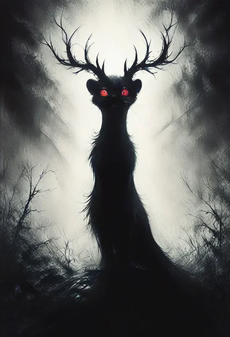score_9, score_8_up, score_8, solo, (fluffy:0.8), (feral), furry, (((weasel))), female, (fluffy cheeks:0.7), (white dress), white fur, red eyes, look at viewer, (solo:2), j_cartoon, low angle view, aesthetic, dramatic angle, unique perspective, unique angle, night, dark, (antlers), staff, (cruel expression), CharcoalDarkStyle, (arms out to the side:1.5),