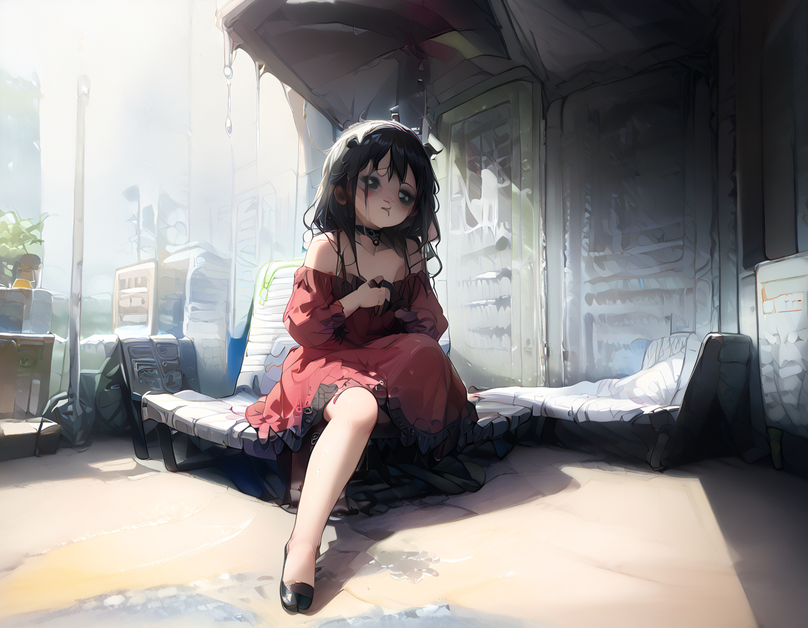 (score_9,score_8_up,score_7_up:1), 1girl, full body, random camera angle, horror, (shadow contrast, cinematic lighting), astonished, (goth, (black lipstick, black mascara, black eyeshadow)), (milf), glowing hair, shoulder length hair, choker, eyeshadow)) (pale scarred skin), pawg, wide hips, milf, <lora:butt:1>, (begging eyes), wet (yacht deck( lounge chair, champagne on ice)), (<lora:zavy-cntrst-sdxl:1> chiaroscuro, low-key, horror), ( bare shoulders, black/red dress, off-shoulder dress, lace dress, long sleeves, tiara, crown), <lora:tarakanovich1.5:1> tarakanovich, <lora:add-detail-xl:1>