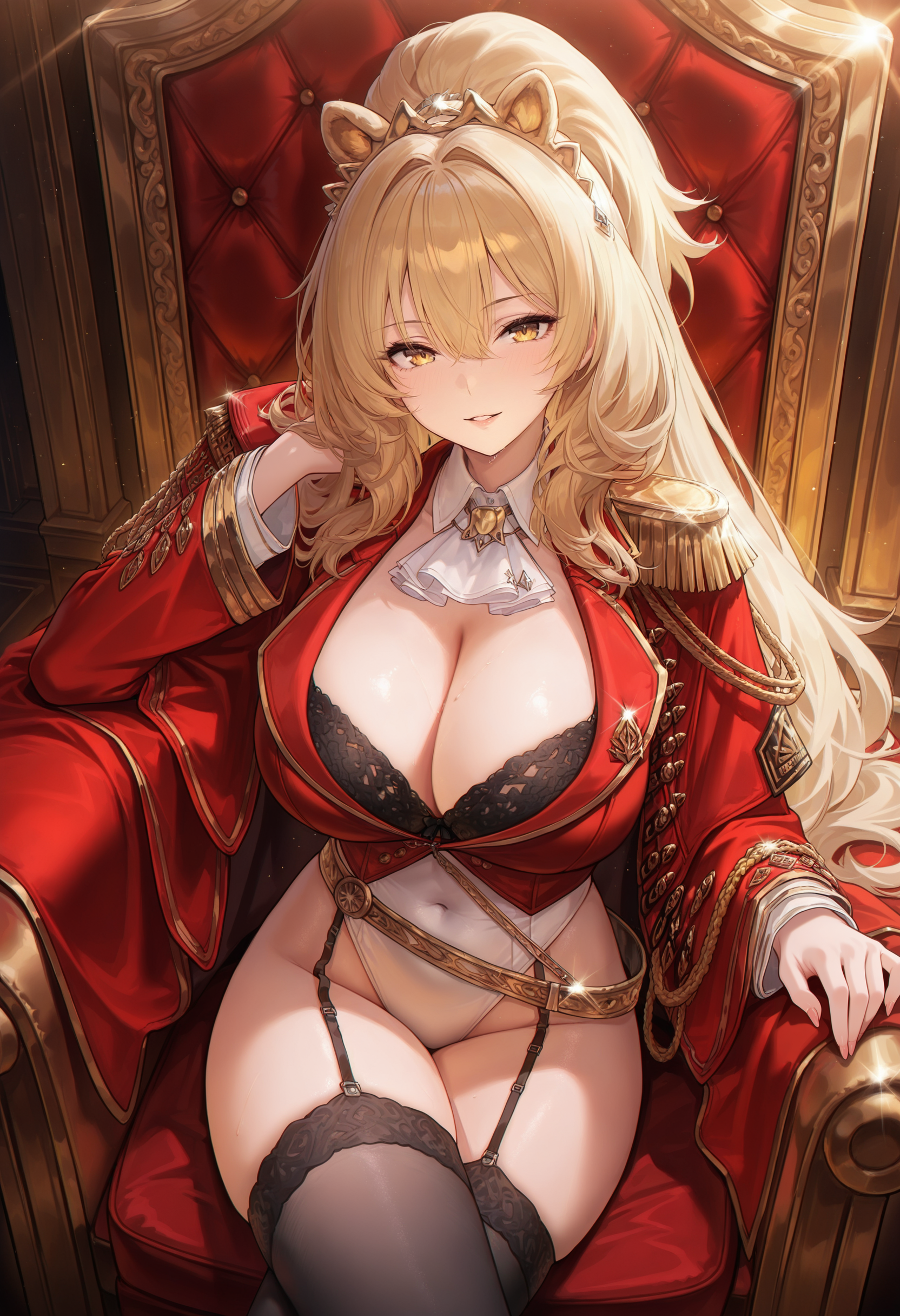 masterpiece, best quality, amazing quality,lionAZ, yellow eyes, blonde hair, long hair, high ponytail, 1girl, breasts, solo,default outfit, cleavage,large breasts,tiara, epaulettes,black thighhighs, black bra, red jacket, garter straps, detached collar, white ascot, red capelet, aiguillette, red cape, white leotard, golden belt, long sleeves,crossed legs,parted lips, light smile, sitting, looking at viewer, indoors,golden throne, throne room, light <lora:lionV1:0.8>