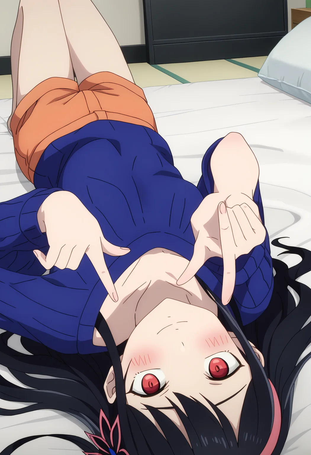 score_9, score_8_up, score_7_up, source_anime,
BREAK
<lora:shiupsidedownV1:0.7>,shiupside, lying,on back, upside-down,
indoors, bed, pointing at viewer,
1girl, solo,
anime screencap, anime coloring,
<lora:shiYeonFinalV1:0.9>, yeonblu, long hair, black hair, red eyes, hair ornament, hairband, hair flower, off shoulder, blue sweater, sweater dress, black bra, orange shorts, short shorts,
looking at viewer, blush, smile,