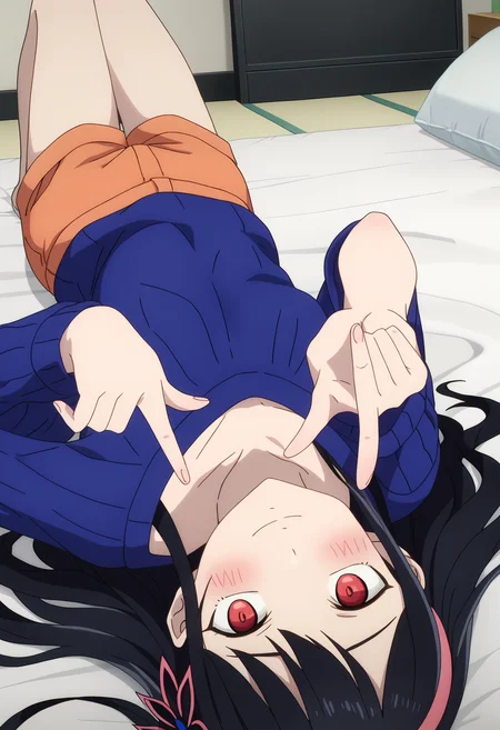 score_9, score_8_up, score_7_up, source_anime,
BREAK
<lora:shiupsidedownV1:0.7>,shiupside, lying,on back, upside-down,
indoors, bed, pointing at viewer,
1girl, solo,
anime screencap, anime coloring,
<lora:shiYeonFinalV1:0.9>, yeonblu, long hair, black hair, red eyes, hair ornament, hairband, hair flower, off shoulder, blue sweater, sweater dress, black bra, orange shorts, short shorts,
looking at viewer, blush, smile,
