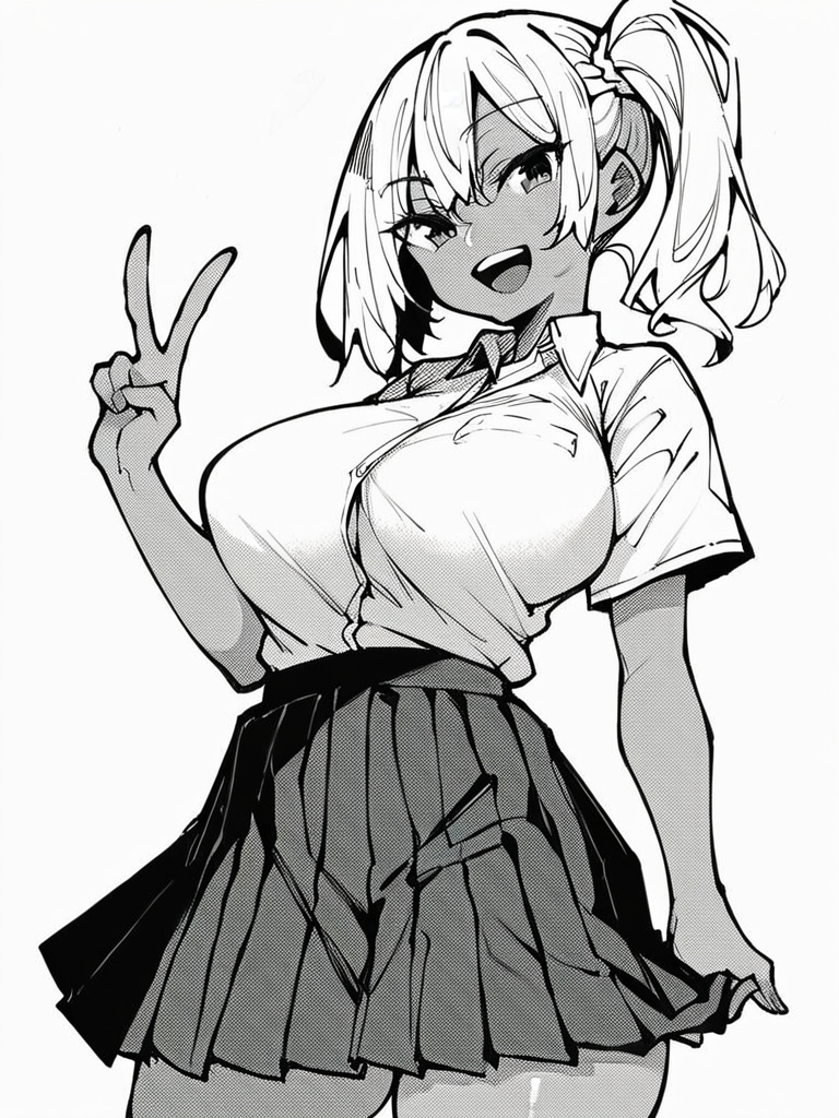 score_9, score_8_up, score_7_up,  
1girl, monochrome, white hair, side ponytail, dark-skinned female, large breasts,

white shirt, short sleeves, pleated skirt, standing, v, looking at viewer, smile, open mouth, white background,