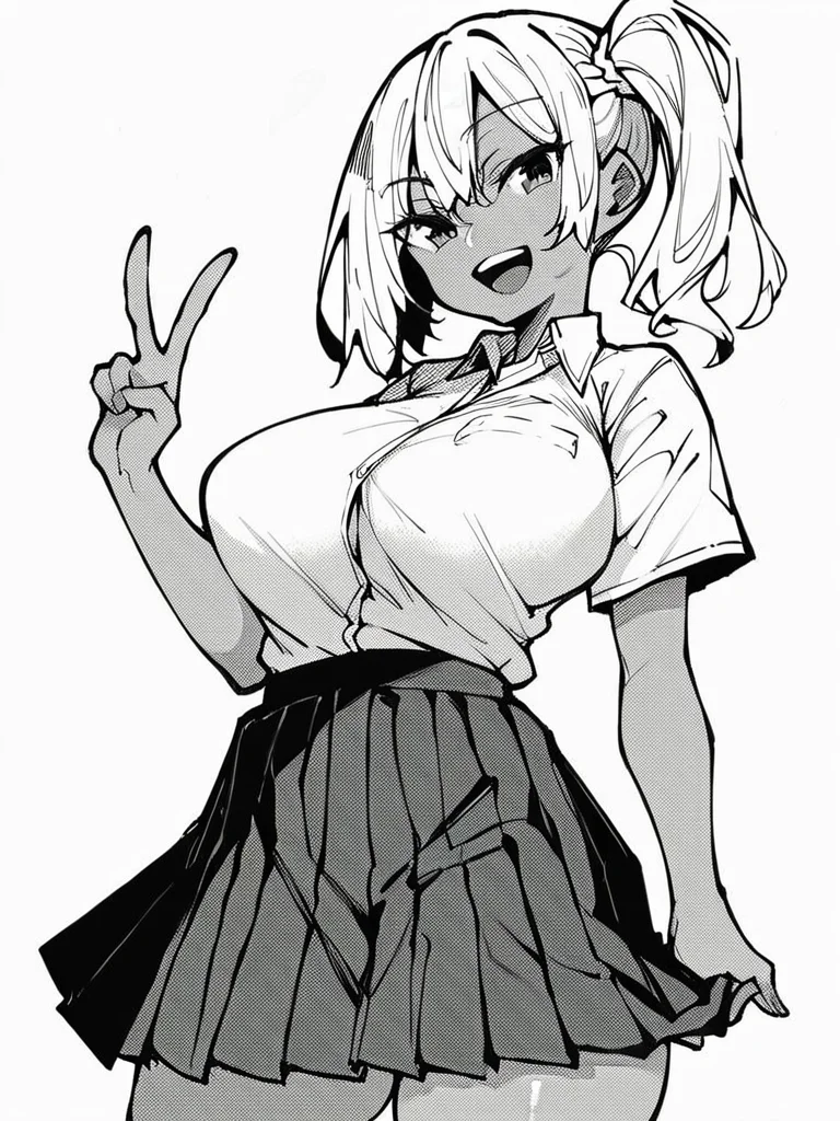 score_9, score_8_up, score_7_up,
1girl, monochrome, white hair, side ponytail, dark-skinned female, large breasts,
white shirt, short sleeves, pleated skirt, standing, v, looking at viewer, smile, open mouth, white background,