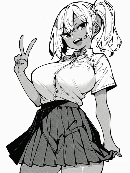 score_9, score_8_up, score_7_up,
1girl, monochrome, white hair, side ponytail, dark-skinned female, large breasts,
white shirt, short sleeves, pleated skirt, standing, v, looking at viewer, smile, open mouth, white background,