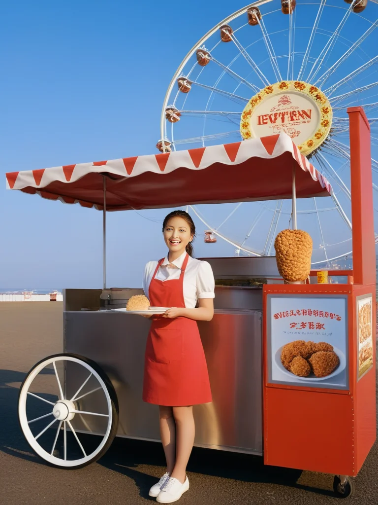 <lora:JJsFood_Stand_XL:.4>, ((Food Stand)), masterpiece , best quality, soft lighting, high quality, outdoors, day, scenery, real world location, sky, wheel, Fried chicken steak, <lora:YourSaaya_Adult_SDXL-000003:.8>, ((Saaya Irie)) ,1girl, solo, full body, japanese,