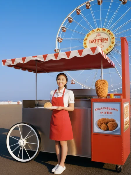 <lora:JJsFood_Stand_XL:.4>, ((Food Stand)), masterpiece , best quality, soft lighting, high quality, outdoors, day, scenery, real world location, sky, wheel, Fried chicken steak, <lora:YourSaaya_Adult_SDXL-000003:.8>, ((Saaya Irie)) ,1girl, solo, full body, japanese,