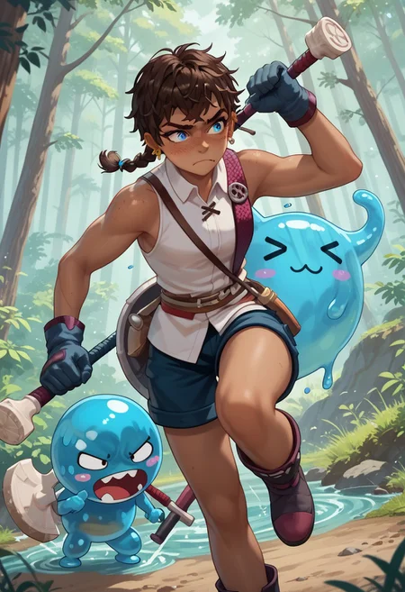 score_9, score_8_up, score_7_up, score_6_up,
m1nt,
brown hair, very short hair, braid, freckles, dark skin, dark-skinned female, blue eyes, tomboy,
gloves, earings, jewelry, shirt, shorts, sleeveless, ankle boots, belt,
Happy, frown, hammer, attack, fighting, fighting slime monster, forest,