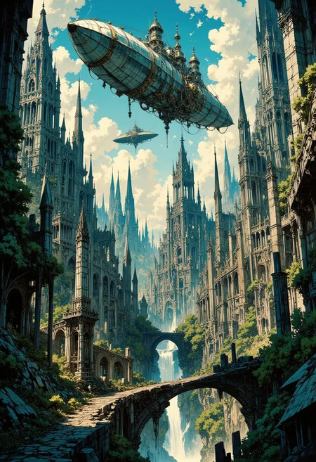 In a sprawling aetherpunk cityscape, towering spires of gleaming metal and glowing energy merge with organic elements like shimmering vines and moss-covered ruins. A mesmerizing airship, adorned with intricate gears and steam vents, hovers in the sky above. This enchanting painting captures the fusion of futuristic technology and natural elements in the aetherpunk genre, with impeccable attention to detail and vibrant colors that bring the scene to life in unparalleled quality.