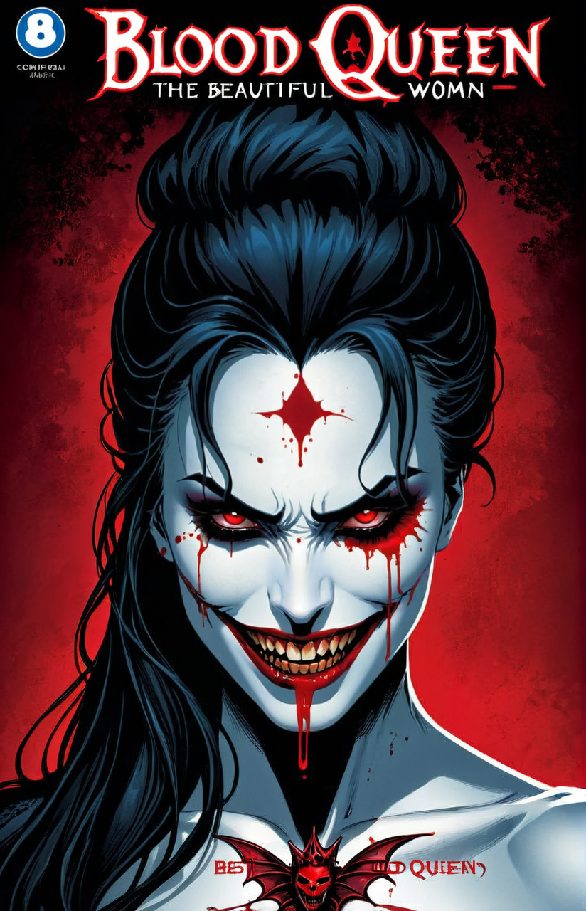 a comic book cover of the bloody face of a woman, beautiful. profile,   text " The Blood Queen", outline, best quality, masterpiece,  <lora:cbcmkrsdxl:1>, cbcmkrsdxl, comics logo , vibrant color, red and black, smile, vampire, glowing eyes, shadows,