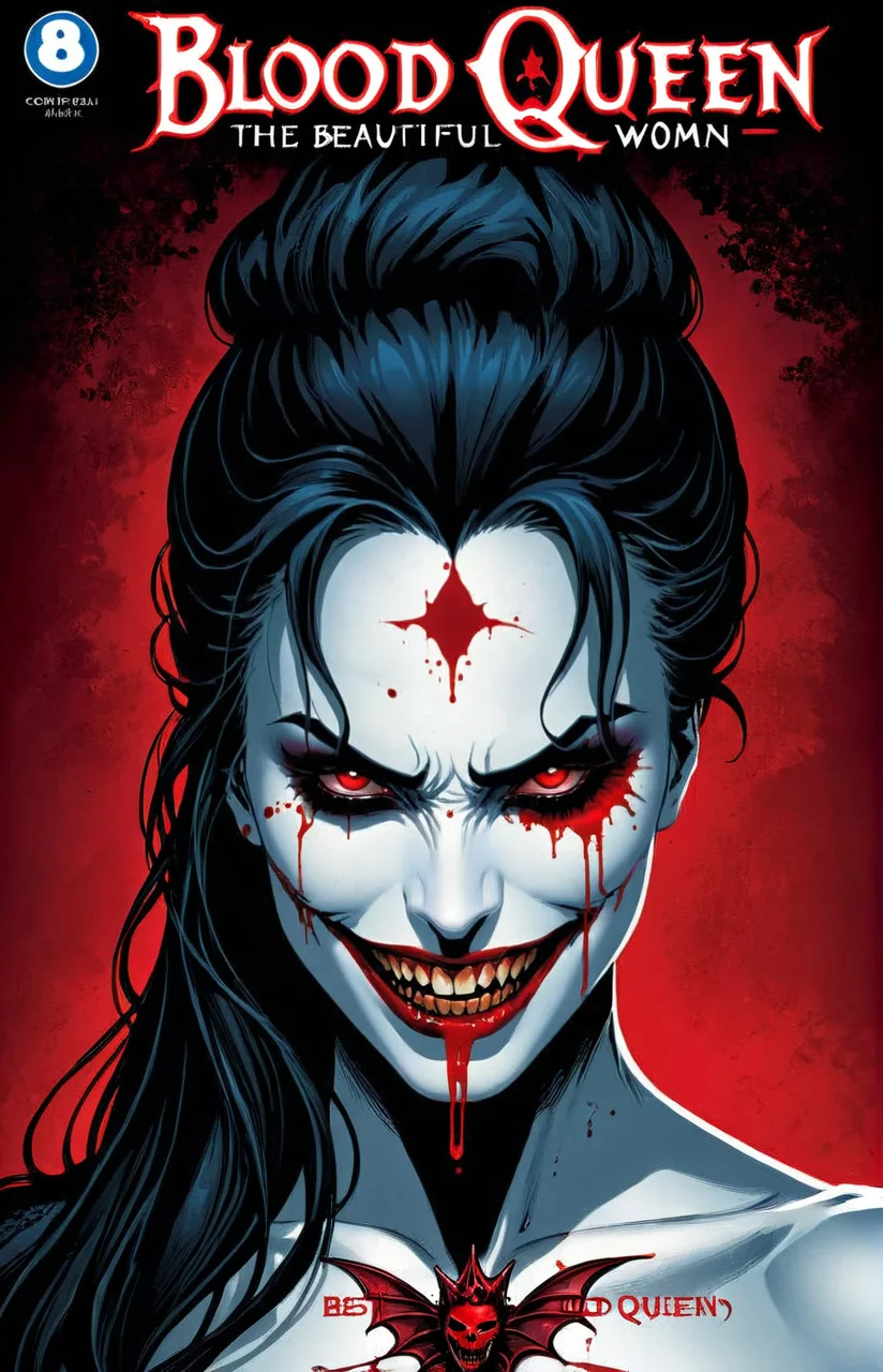 a comic book cover of the bloody face of a woman, beautiful. profile, text " The Blood Queen", outline, best quality, masterpiece, <lora:cbcmkrsdxl:1>, cbcmkrsdxl, comics logo , vibrant color, red and black, smile, vampire, glowing eyes, shadows,