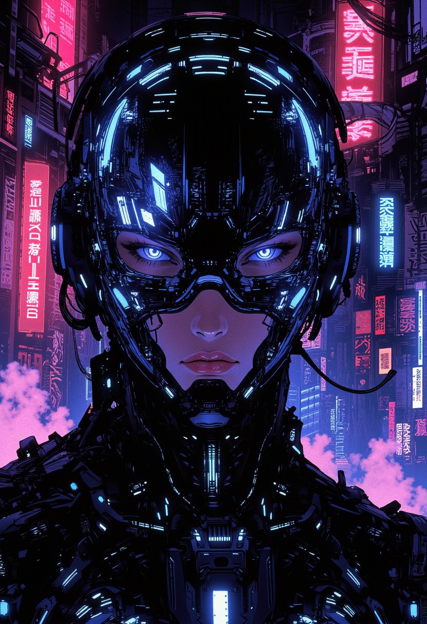 ck-rw, in the style of ck-rw, A futuristic cyberpunk woman stands centered in the frame, wearing a shiny, reflective glass mask that subtly mirrors the neon-drenched cityscape around her. The mask reveals glowing, sharp metallic blue high-tech components running through her mechanical jawline and temples, suggesting advanced augmentation. Her piercing eyes—visible through translucent slits in the mask—make direct, intense eye contact with the viewer, glowing faintly in electric blue hues. An abstract neon background pulses with chaotic holographic signs, neon-pink fog, and glowing circuitry patterns. A scanner device projects thin laser beams as it maps the environment, giving a sense of her being a hunter, precise and calculating. The atmosphere is dark yet vibrant, with the sharp reflections on her mask catching the light from every neon source. Camera angle: close-up, straight-on view. Lighting: dramatic, with high contrast neon-blue highlights and deep shadows.