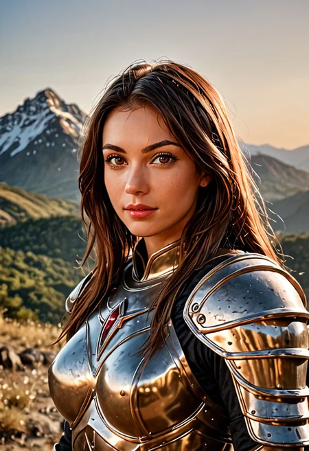 score_9, score_8_up, score_7_up, (three quarter view, 8k uhd, masterpiece, best quality, high quality, absurdres, ultra-detailed, highly detailed), brown eyes, brown long hair, upper body, (flat breasts), dark armor, mountain scenery, (upper body), looking at viewer, eye catching