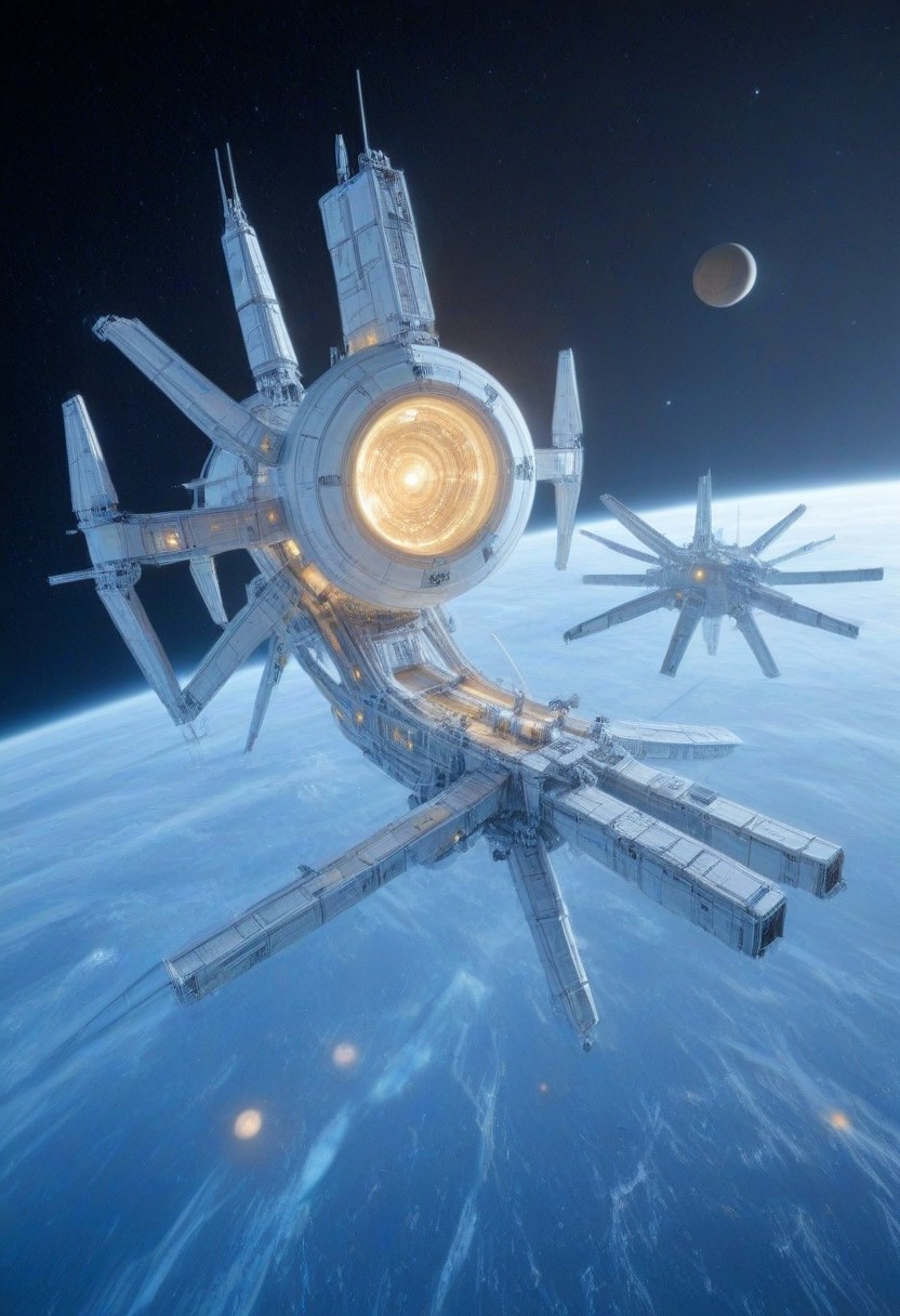h0rr0rstyl3, CosmicStyle, high-contrast starlight shot, expeditionary scientific cruisers in synchronized orbit around a gas giant, golden illumination from nearby sun reflecting off sensor dishes, modular hull design with telescoping arms, ice-mining drones detached and descending into planetary rings, detailed scientific payload containers, warm cockpit glow visible through reinforced glass domes, ultradetailed ship schematics, smooth white and silver color scheme, exploratory symbols painted on wings, serenity meets cutting-edge exploration, peaceful future-tech vision, contemplative sci-fi scene, vast sense of scale