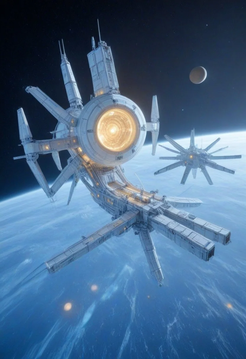 h0rr0rstyl3, CosmicStyle, high-contrast starlight shot, expeditionary scientific cruisers in synchronized orbit around a gas giant, golden illumination from nearby sun reflecting off sensor dishes, modular hull design with telescoping arms, ice-mining drones detached and descending into planetary rings, detailed scientific payload containers, warm cockpit glow visible through reinforced glass domes, ultradetailed ship schematics, smooth white and silver color scheme, exploratory symbols painted on wings, serenity meets cutting-edge exploration, peaceful future-tech vision, contemplative sci-fi scene, vast sense of scale