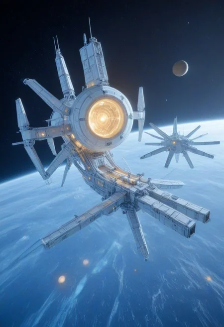 h0rr0rstyl3, CosmicStyle, high-contrast starlight shot, expeditionary scientific cruisers in synchronized orbit around a gas giant, golden illumination from nearby sun reflecting off sensor dishes, modular hull design with telescoping arms, ice-mining drones detached and descending into planetary rings, detailed scientific payload containers, warm cockpit glow visible through reinforced glass domes, ultradetailed ship schematics, smooth white and silver color scheme, exploratory symbols painted on wings, serenity meets cutting-edge exploration, peaceful future-tech vision, contemplative sci-fi scene, vast sense of scale