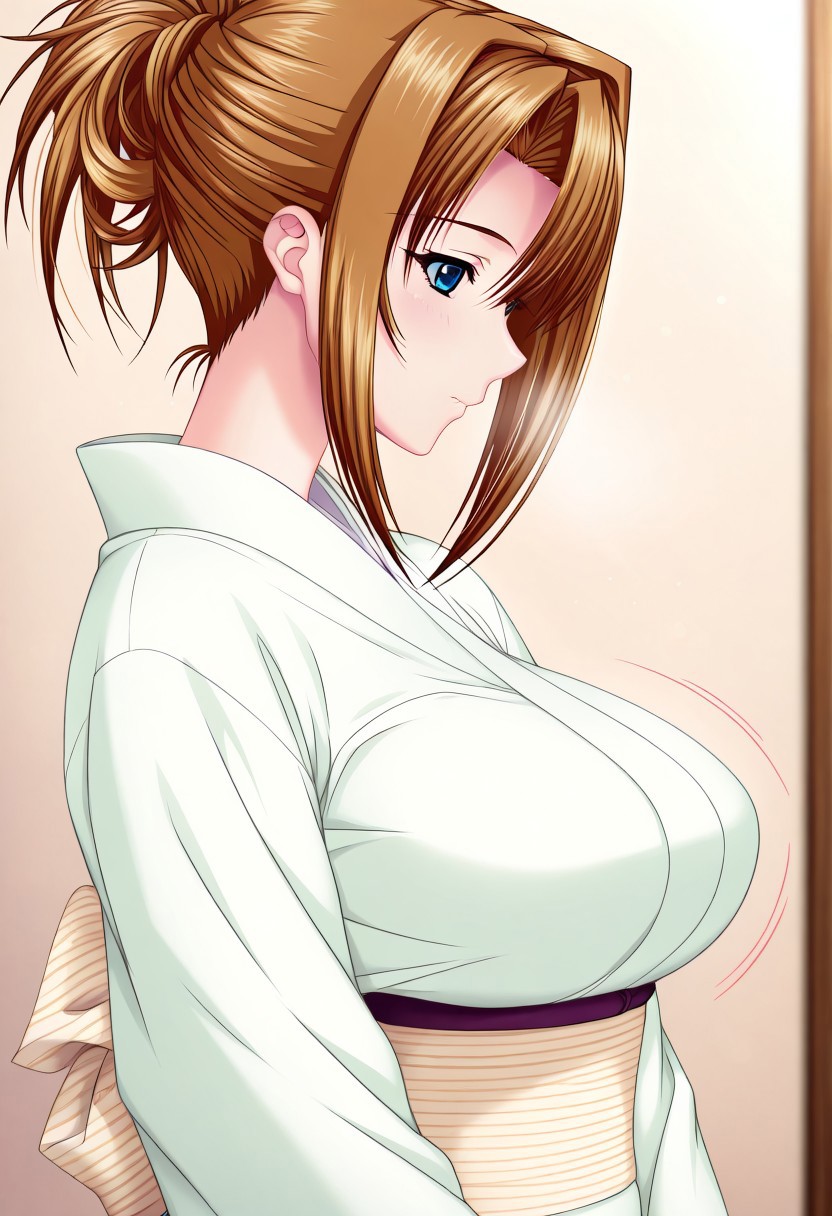 masterpiece, best quality, newest, highres, uncensored, 1girl, yokota mamoru style,motion lines,1girl,Sakura Ayaka，Brown Hair, Curtained Hair, Intake, Shoulder-length Hair, Sidehair，Teal Eyes，Big Breasts, Pale, Young-adult, Slim，japanese clothes, kimono, blue eyes, profile, hair up, headdress, solo focus, blurry, solo