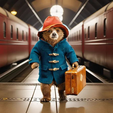 Paddington1024, a bear with a suitcase, trainstation plateform, highly detailed, photography, ultra sharp, film, bokeh, professional, 4k <lora:add-detail-xl:1.5> <lora:Paddington1024:0.8>