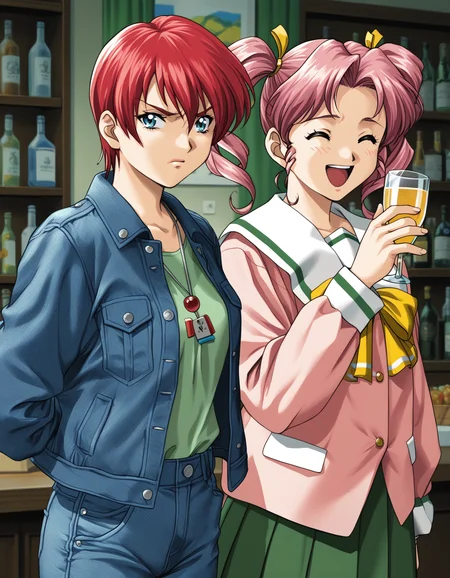 score_9,  score_8_up, score_7_up, <lora:shuusaku-v2-ponyxl-000016:0.9> 2girls, counter, shot glass, upper body
2girls, counter, upper body, asami, short hair, red hair, blue eyes, locket, denim jacket, open jacket, green shirt, denim skirt, annoyed
2girls, counter, shot glass, upper body, chiaki, twintails, serafuku, pink shirt, pleated skirt, green skirt, happy, laughing, open mouth, (closed eyes:1)