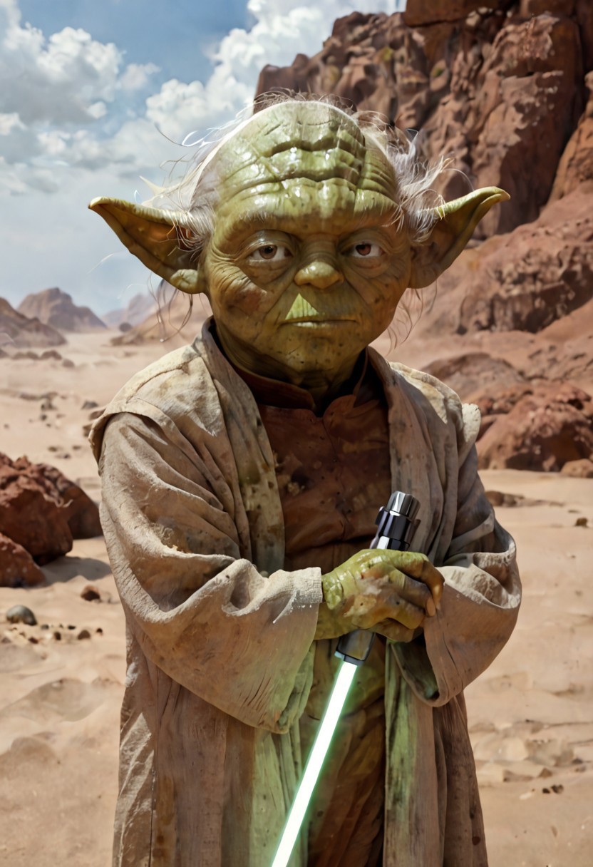  score_9, score_8_up, score_7_up, yoda, (green skin:1.5), reflections, highly detailed, film grain,  old book style ink illustration of   Yoda holding a lightsaber with Perfect Hands    in a cyberpunk city, pose inspired by Boris Vallejo, brushwork echoing Carne Griffiths, realistic, lifelike, on parchment, (((ink splashes, ink stains, ink smears, faded ink))), (futuristic:1.5) desert, tatooine, galaxy, lucasfilms, glass, sun, in the clouds, futuristic round roofed adobe desert dwellings, fractals, sunrise, moody tones, mentixis, linquivera, movie poster, star wars vibes, (((watercolor style with strong washes)))