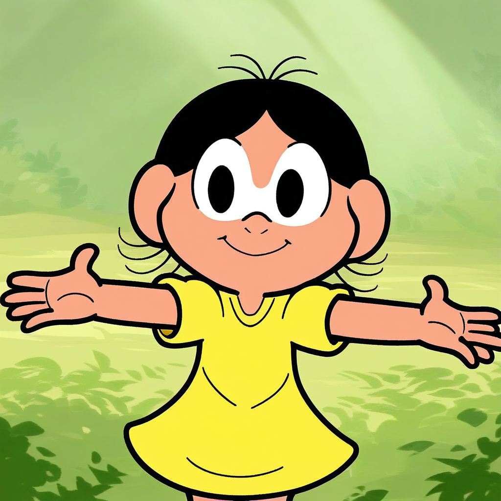 score_9, solo, magali, black hair, yellow dress, black eyes, outstretched arms, smile, outdoors, natural lighting