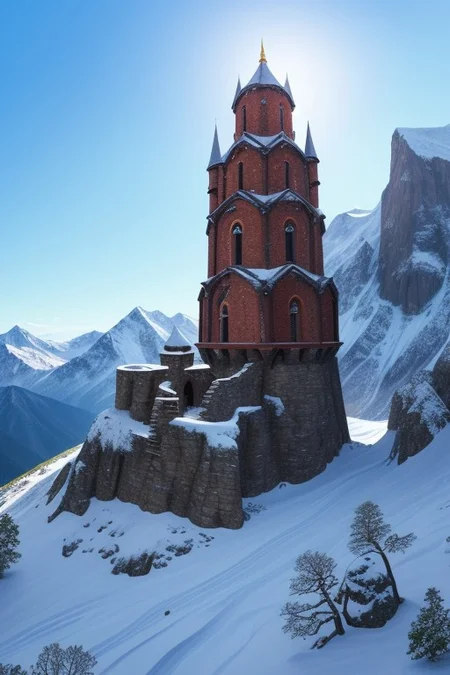 (ultra high res:1.4), (masterpiece), (beautiful lighting:1.4) , Durlag's Tower was hollowed out the mountain for the rock that made up his tower and used the space created to hide further treasure. This local landmark was the isolated keep of within the remains of the tower and used the defenses created by Durlag to keep both itself and the treasure safe. Some claimed that this creature was a lich.
no humans
(Tower fortress high on the highest peak of the highest mountain with all other sharp and snowing peaks far below . The tower looks out over a side vista of the tops of countless mountains in a huge range like the Himalayas, snow and frost cover every surface. ) ((maximum detail, supreme quality, 4k, best clarity))