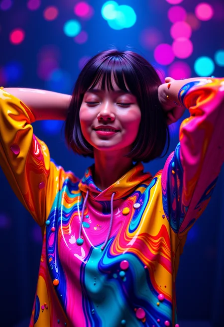 abstract geometric shapes, digital painting art, completely covered by colorful shiny viscous liquid. highly detailed upper body photo of a girl dancing in a night club wearing printed colorful qipao hoodie with short hair and arms up, closed eyes, smiling, professional photography, night club atmosphere