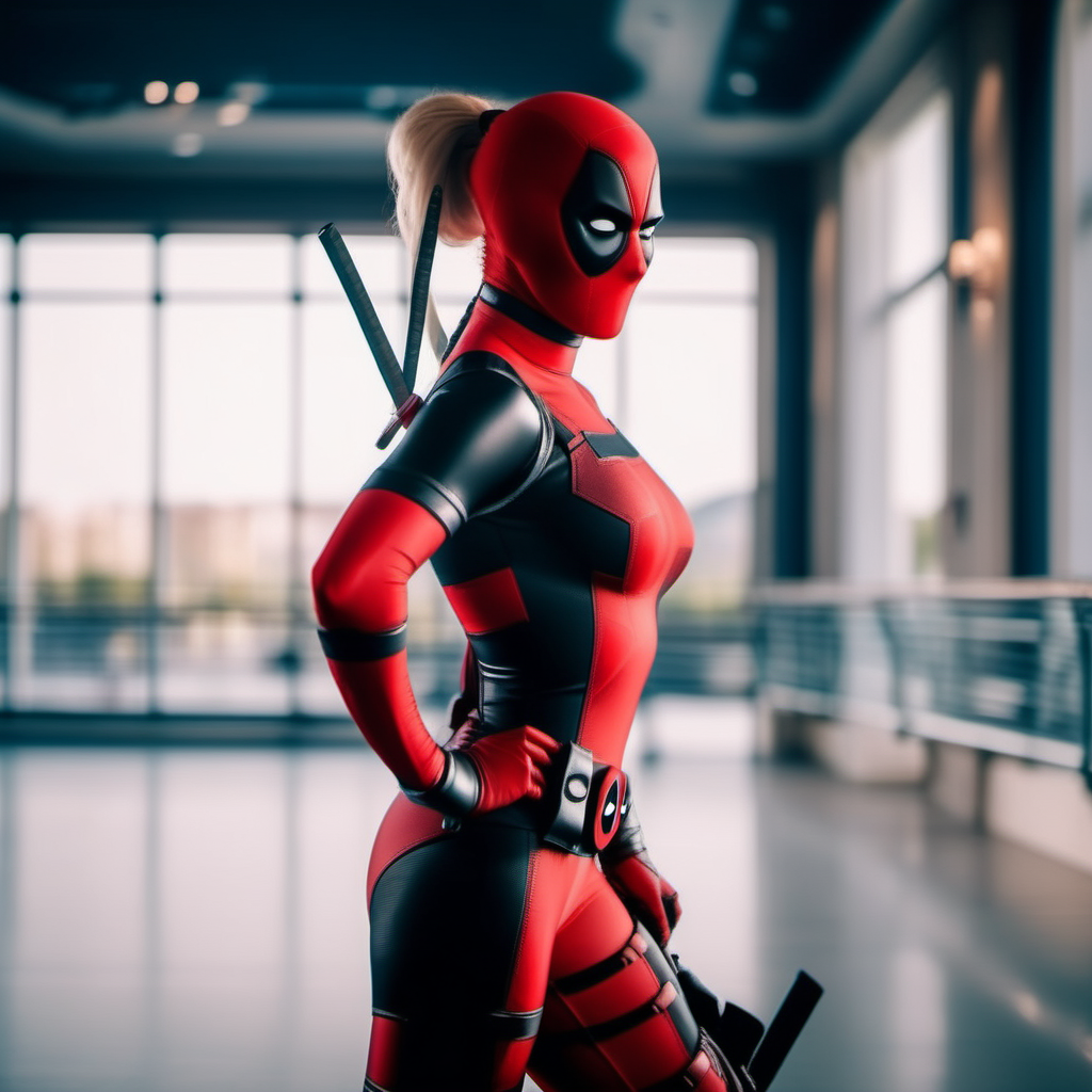 cinematic photo full body portrait lady deadpool, blond hair, ponytail, mask, body suit, ballet dancing in an opera<lora:LDP1024:0.8> . 35mm photograph, film, bokeh, professional, 4k, highly detailed