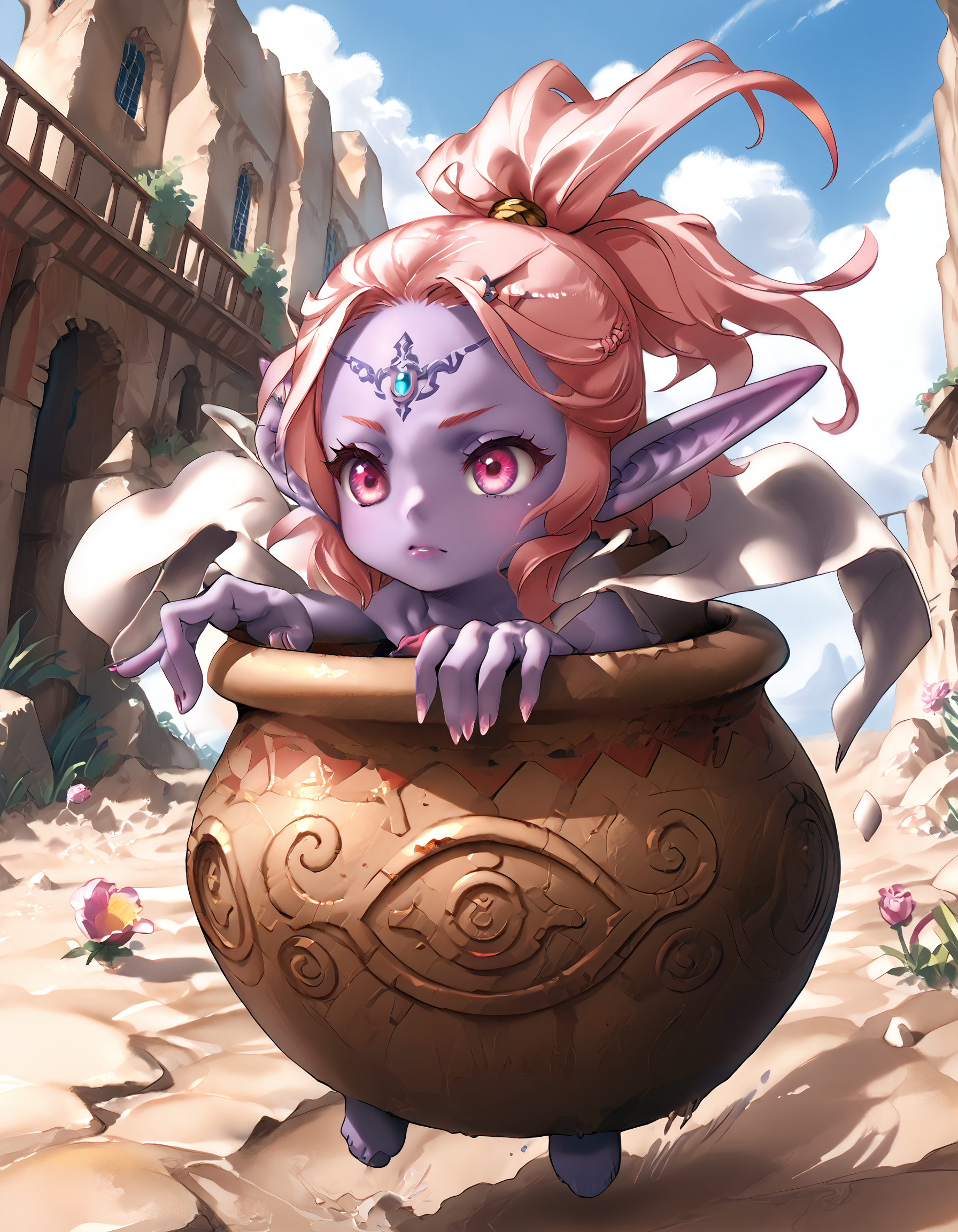 zPDXL3,masterpiece,extreme detailed,full_body,outdoors,dungeon,<lora:Pony_DetailV2.0:1>,day,
BREAK magicpot,no humans,pointy ears,colored skin,<lora:magicpot-pony:1>,running,