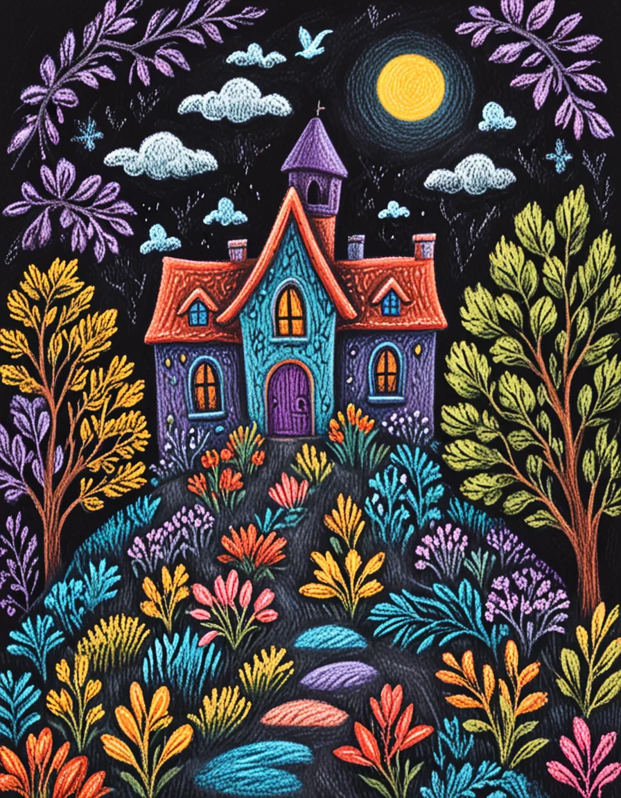 Houses of the Holy  novuschroma13 style chalk pastels on black <lora:novuschroma13 style_2:1> <lora:sdxl_lightning_8step_lora:1>