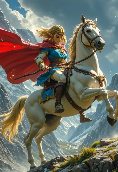 A historical scene of Zelda crossing the Alps, depicted heroically in the style of a grand historical oil painting. Zelda is wearing a vibrant military uniform with a dramatic red cloak billowing in the wind. She is mounted on a white horse rearing on its hind legs, capturing a sense of movement and determination. The background is filled with rugged, snow-covered mountains under a stormy sky, adding to the intense atmosphere. The horse and Zelda's faces show focused expressions, with realistic lighting emphasizing the shadows and highlights on their figures, Z3ld3k1ck1x, hkmagic