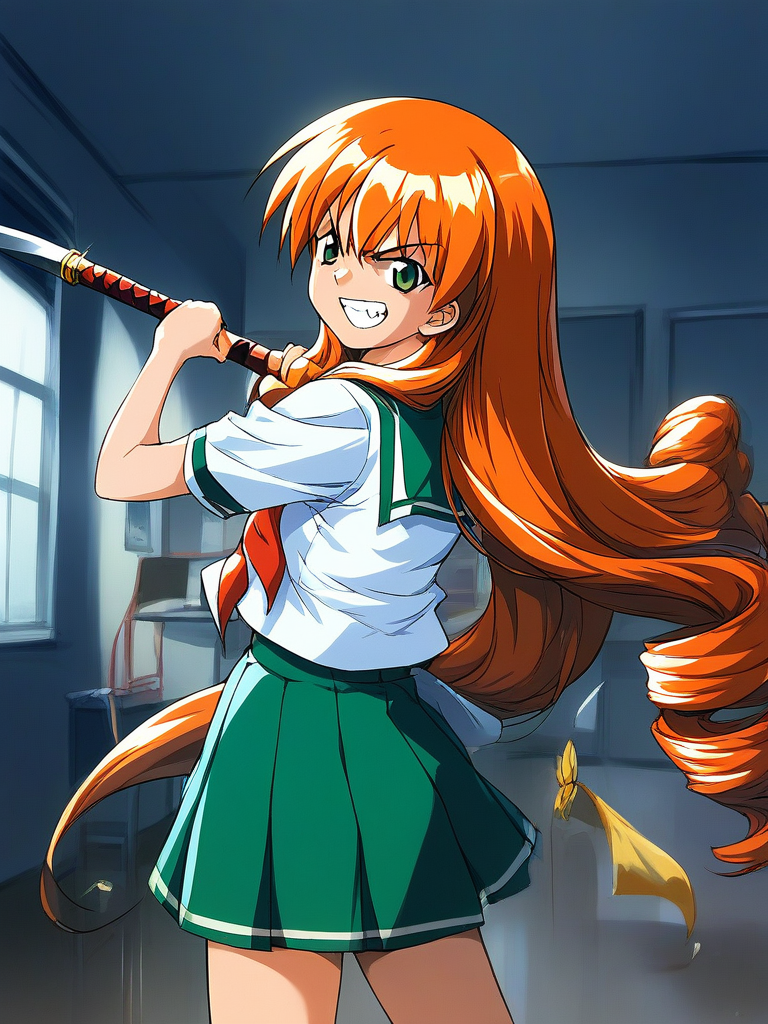score_9, score_8_up, score_7_up, source_anime, rating_explicit, BREAK  <lora:Akai_Homura_XL:1> Akai_Homura, very long hair, green eyes, orange hair,
1girl, solo, angry, looking at viewer, school uniform, skirt, teeth, looking back, smile, weapon, drill,
room, night, school,