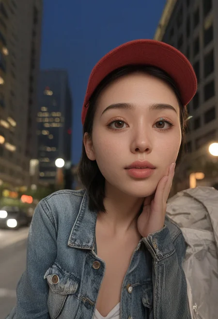 30yo woman posing for pic in front of tall building.
Small eyes. Brown eyes.
Wearing ripped Denim jacket red hat
no makeup. Clear skin. realistic skin style
Long dark black slick back hair. No makeup. Dusk, Street light. Looking at camera POV. Slight smile, tilting head.. Tilt head. Hands in head, face, lips.
Medium Close Up shot. Bokeh. Bokeh light.