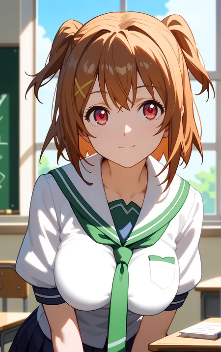 (score_9, score_8_up, score_7_up), 1girl, window, sunlight, classroom,
leaning forward, looking at viewer, closed mouth, light smile, tight clothes, close-up,
ohwx, 1girl, solo, breasts, brown_hair, large_breasts, short_hair, two_side_up, pink_eyes, red_eyes, school uniform,
<lora:kushiya_inaho_pony_ss:1>