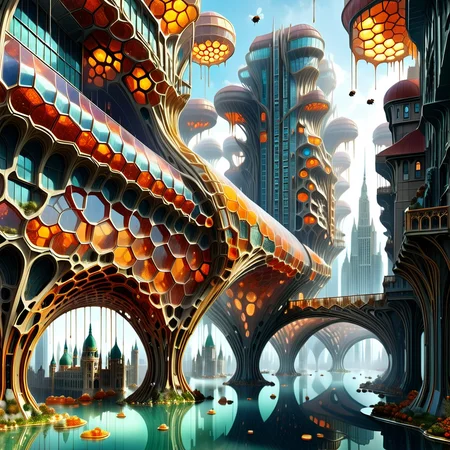 floating city, fantastical, translucent skyways, high-rises, honeycomb morph <lora:Honeycomb_Morph-000007:1>