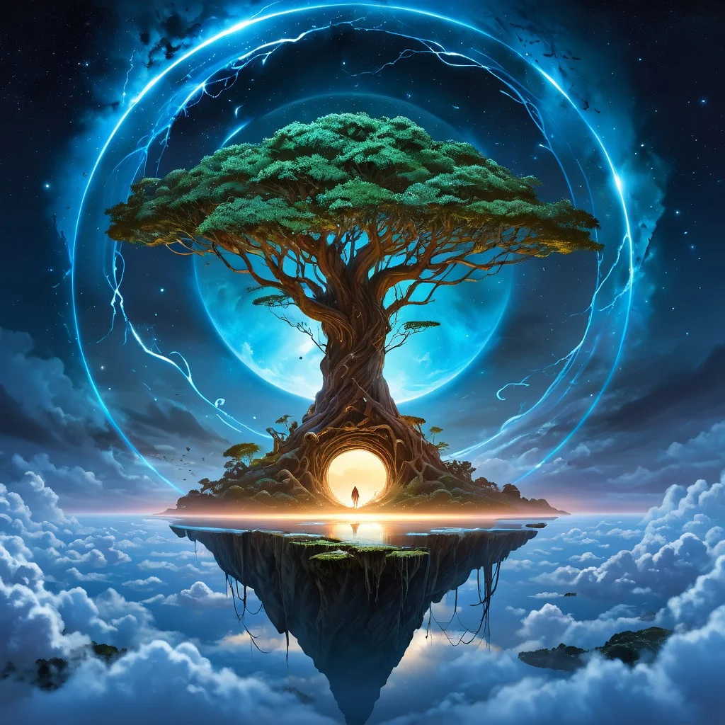 In a dreamlike landscape, a floating island hovers above an endless sea of clouds, illuminated by the golden hues of a setting sun. On the island, a colossal tree with crystal leaves shimmers, casting rainbows of light across the scene. A lone figure in an ethereal, flowing cloak stands at the edge of the island, looking down into a mirror-like portal embedded in the ground. Emerging from the portal is a swirling vortex of cosmic galaxies, as if the universe itself is spilling out onto the island. Strange, bioluminescent creatures with translucent wings flutter around the tree, their light casting an otherworldly glow. The scene feels timeless and serene, yet full of mystery and the magic of the unknown.