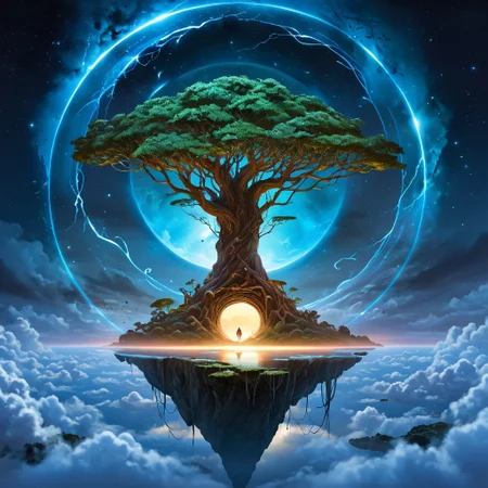 In a dreamlike landscape, a floating island hovers above an endless sea of clouds, illuminated by the golden hues of a setting sun. On the island, a colossal tree with crystal leaves shimmers, casting rainbows of light across the scene. A lone figure in an ethereal, flowing cloak stands at the edge of the island, looking down into a mirror-like portal embedded in the ground. Emerging from the portal is a swirling vortex of cosmic galaxies, as if the universe itself is spilling out onto the island. Strange, bioluminescent creatures with translucent wings flutter around the tree, their light casting an otherworldly glow. The scene feels timeless and serene, yet full of mystery and the magic of the unknown.