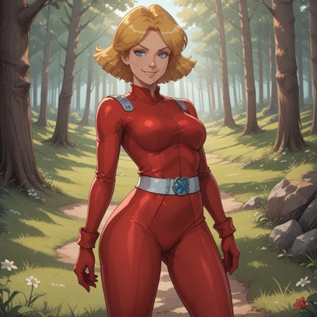 score_9, score_8, BREAK, solo, Clover_(Totally_Spies), blonde hair, short hair, blue eyes, red gloves, red latex bodysuit, belt, skin tight, high heels, sexy pose, self portrait, smile, looking at viewer, outdoors, sunlight, shadows, evening lighting, natural lighting, forest, trees, grass, orange sky, sunset