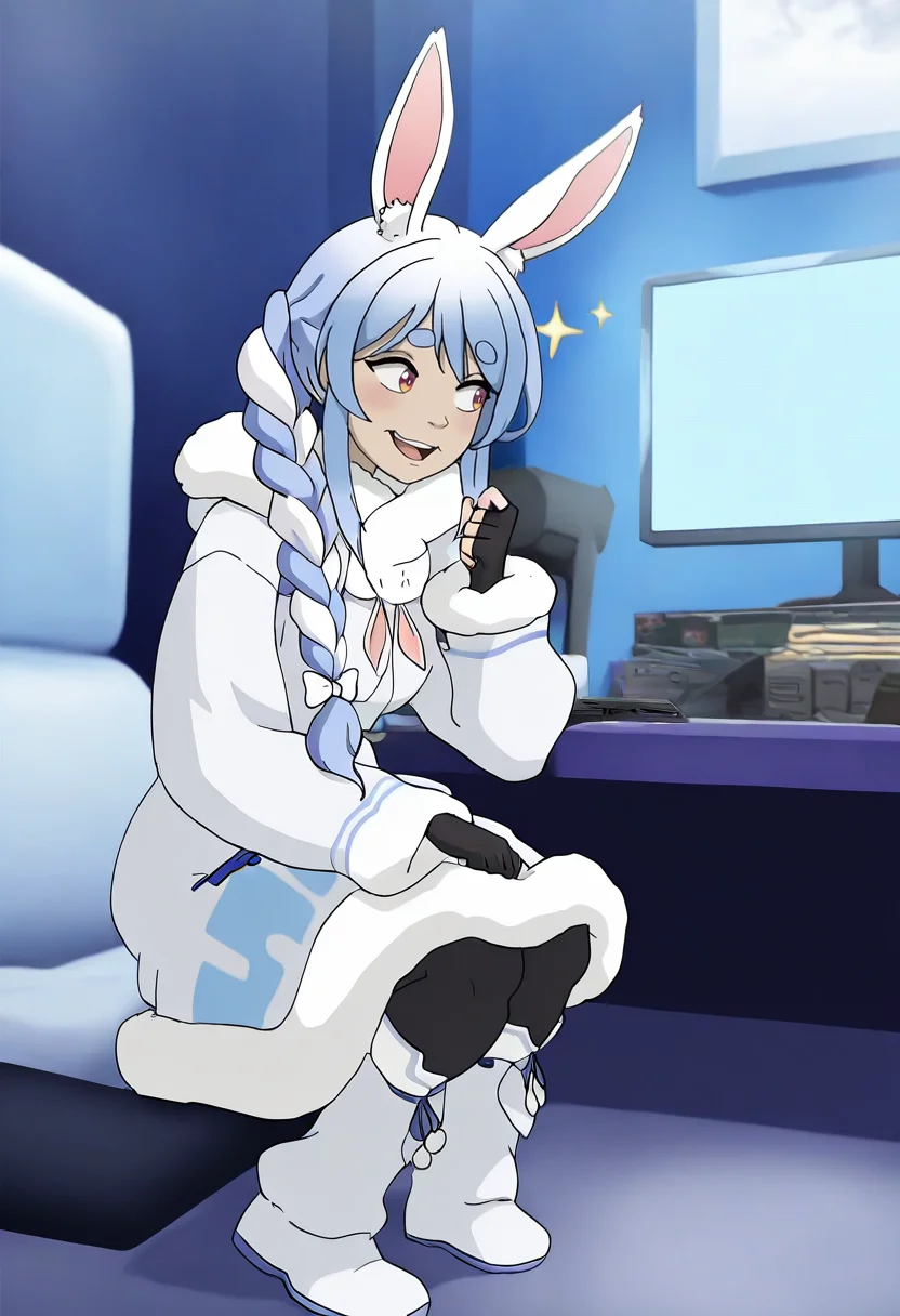 In the Avatar Animation style, masterpiece, best quality, newest, absurdres, highres, hyperrealistic, 1girl, usada pekora, cute gamer girl, happy, animal ear fluff, braid, sparkle , blue hair , white winter coat, winter boots, gamer room, computer, video game, video game console,
<lora:Avatar-Anime-Style2:1>,