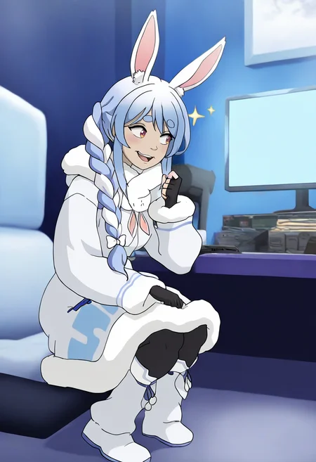 In the Avatar Animation style, masterpiece, best quality, newest, absurdres, highres, hyperrealistic, 1girl, usada pekora, cute gamer girl, happy, animal ear fluff, braid, sparkle , blue hair , white winter coat, winter boots, gamer room, computer, video game, video game console,
<lora:Avatar-Anime-Style2:1>,