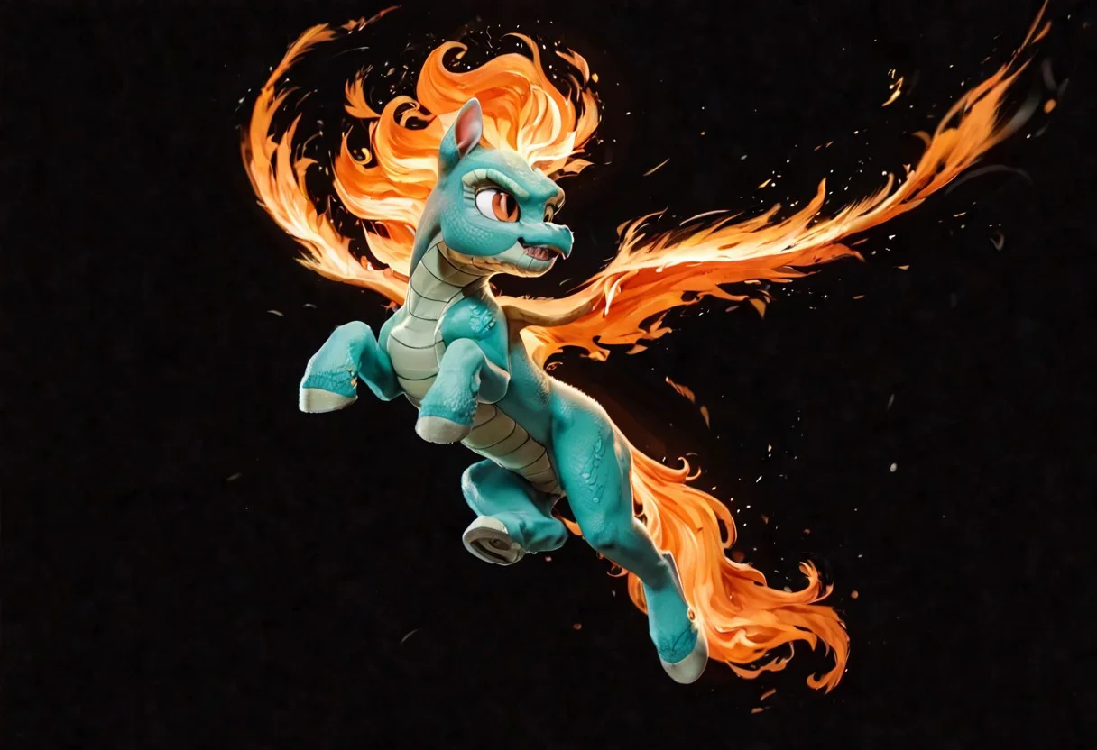 score_9, score_8_up, score_7_up, realistic, toony, feral, mlp, tianhuo_tfh, solo, animal, furry female, orange eyes, slit pupil, dragon horse, pony, flame hair, flame mane, flame tail, fire, summersault, kick, flying, moon, forbidden city, black background