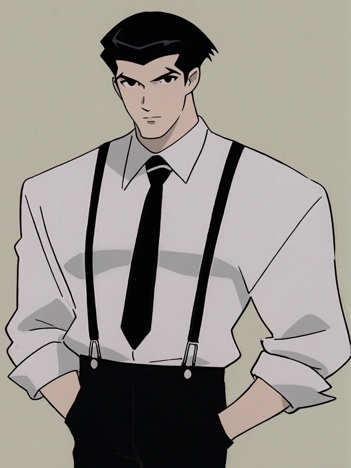 source_anime, score_9, score_8_up, score_7_up, anime screencap, 8k, absurd res, <lora:BigO_PDXLv1 Roger-000035:0.8> solo, 1boy, roger_(the_big_o), black hair, long sleeves, collared shirt, black pants, pants, suspenders, looking at viewer, simple background, black necktie