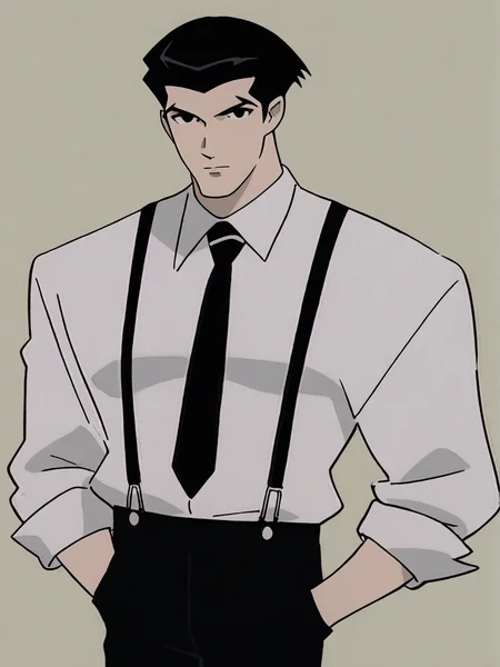 source_anime, score_9, score_8_up, score_7_up, anime screencap, 8k, absurd res, <lora:BigO_PDXLv1 Roger-000035:0.8> solo, 1boy, roger_(the_big_o), black hair, long sleeves, collared shirt, black pants, pants, suspenders, looking at viewer, simple background, black necktie