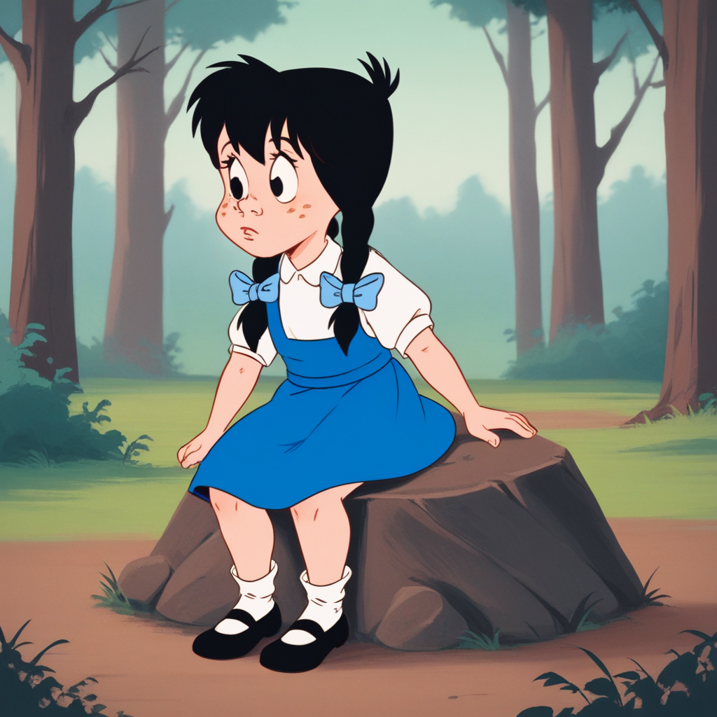 score_9_up, score_8_up, BREAK, DotHugson, 1girl, solo, black hair, twin braids, black eyes, freckles, hair bow, white shirt, short sleeves, blue dress, white socks, black mary janes, <lora:DotHugson_TheOzKids_PXL_Leaf1:1>, outdoors, forest, sitting on rock,