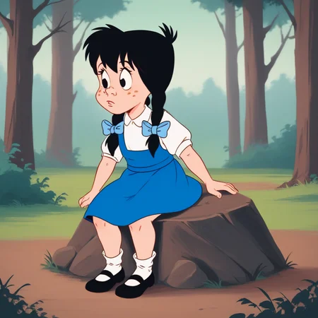 score_9_up, score_8_up, BREAK, DotHugson, 1girl, solo, black hair, twin braids, black eyes, freckles, hair bow, white shirt, short sleeves, blue dress, white socks, black mary janes, <lora:DotHugson_TheOzKids_PXL_Leaf1:1>, outdoors, forest, sitting on rock,